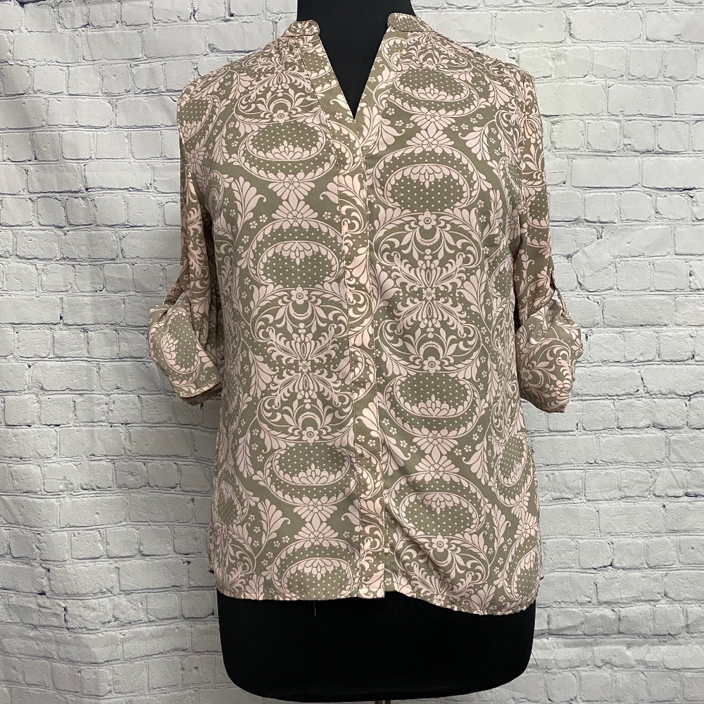 NY & Co khaki and pink button down blouse - Picture 5 of 7